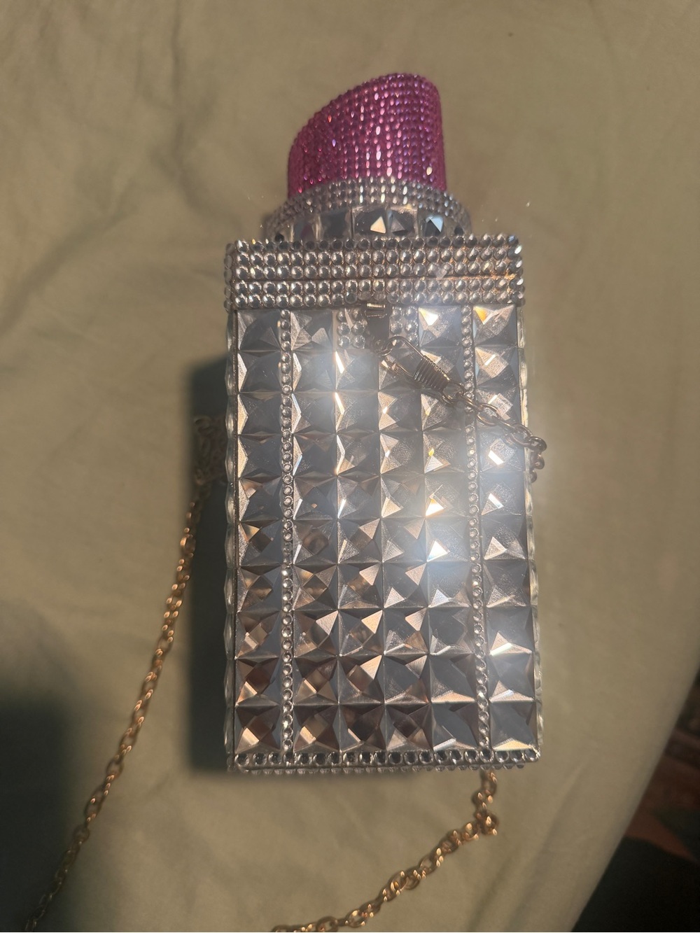 Silver Studded Lipstick Clutch with Pink Accent